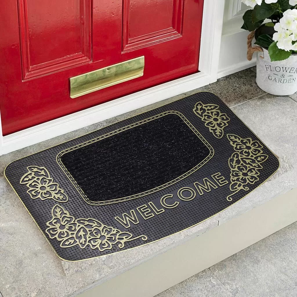 Welcome Yazılı Kauçuk Toz Tutucu Kapı Önü Paspası Gold